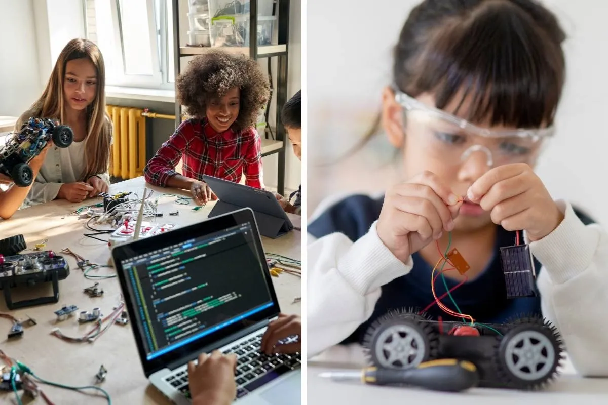 Children learning AI and coding on laptops